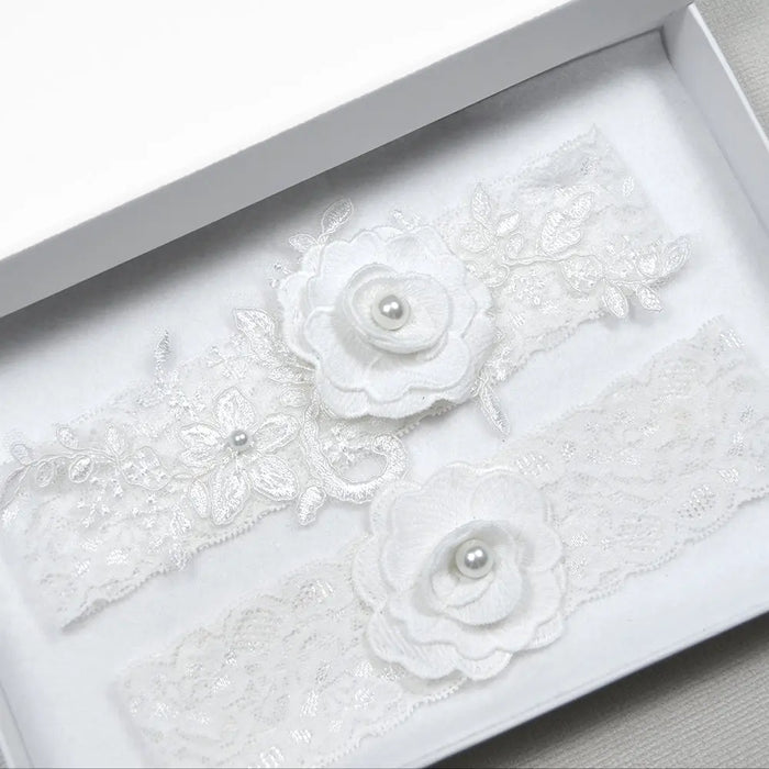 Trisha Off White Lace Floral Bloom Wedding Garter Set Online - The Wedding Garter