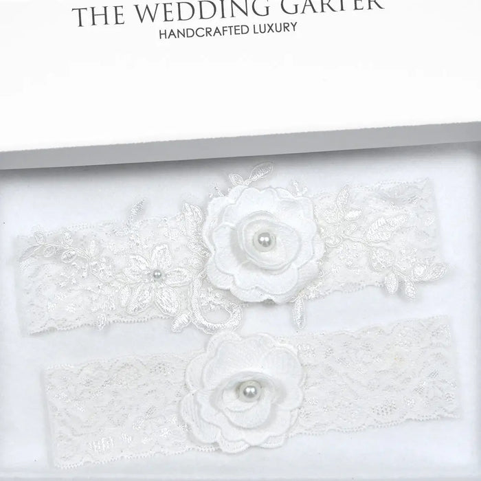 Trisha Off White Lace Floral Bloom Wedding Garter Set Online - The Wedding Garter