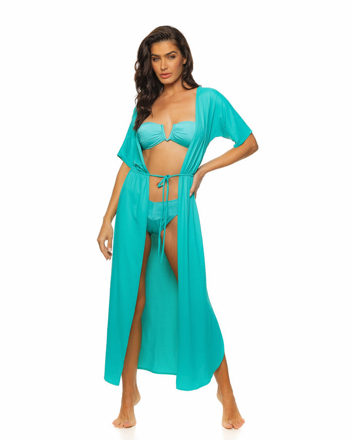 Turquoise Tie Front Long Kimono