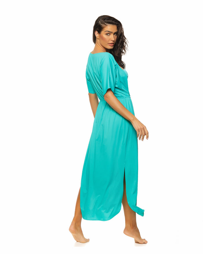 Turquoise Tie Front Long Kimono