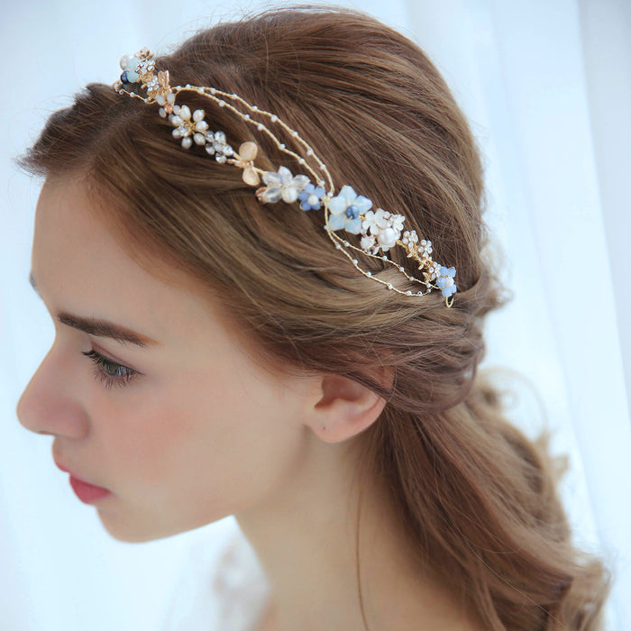 blue and gold wedding headband