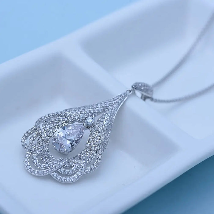 Unique Cubic Zirconia Ladies Drop Pendant Event Necklace - The Wedding Garter