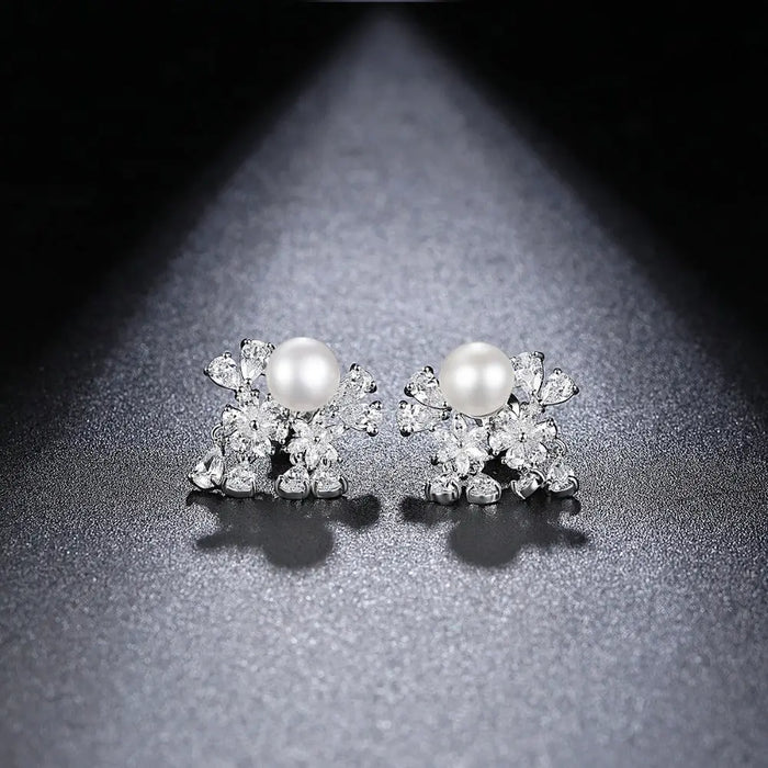 Unique Pearl & CZ Diamond Drop Wedding Earrings - The Wedding Garter