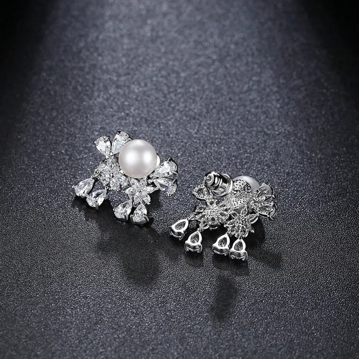 Unique Pearl & CZ Diamond Drop Wedding Earrings - The Wedding Garter