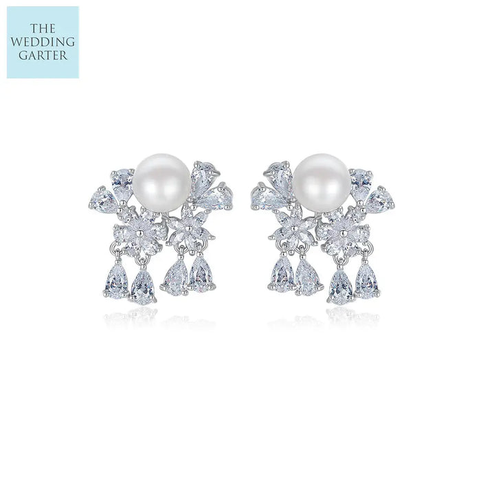 Unique Pearl & CZ Diamond Drop Wedding Earrings - The Wedding Garter