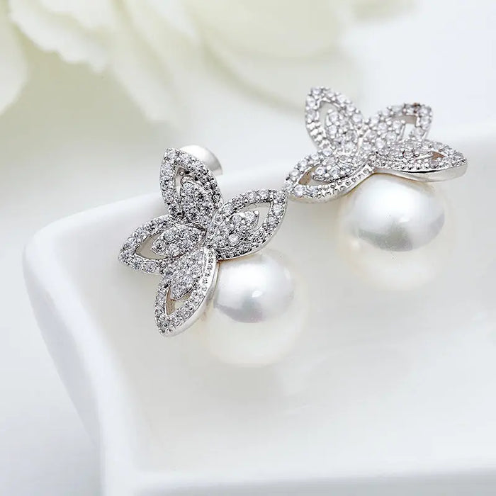Unique Pearl & CZ Diamond Stud Wedding Earrings - The Wedding Garter