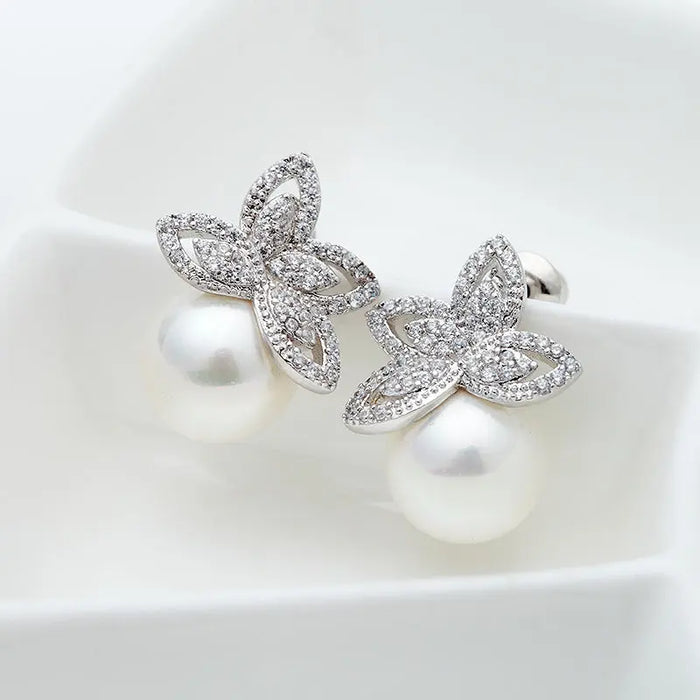 Unique Pearl & CZ Diamond Stud Wedding Earrings - The Wedding Garter