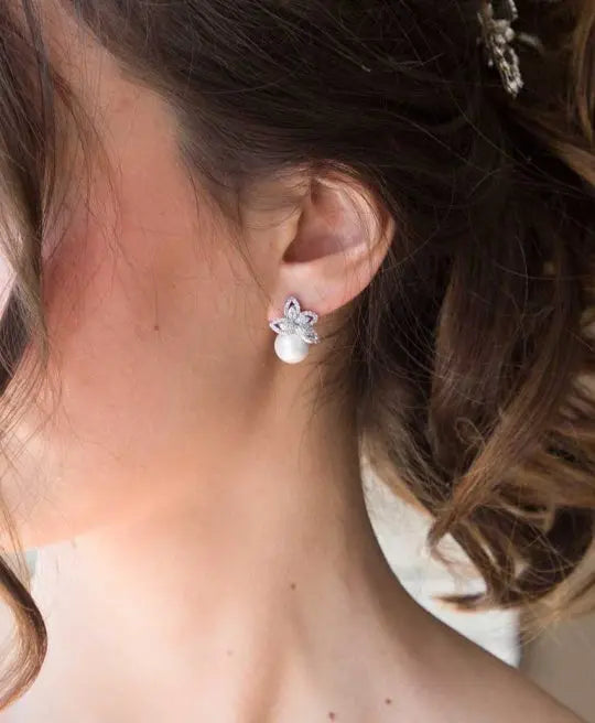 Unique Pearl & CZ Diamond Stud Wedding Earrings - The Wedding Garter