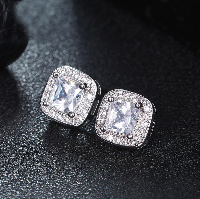Unique Square Design CZ Earrings & Necklace Set - The Wedding Garter