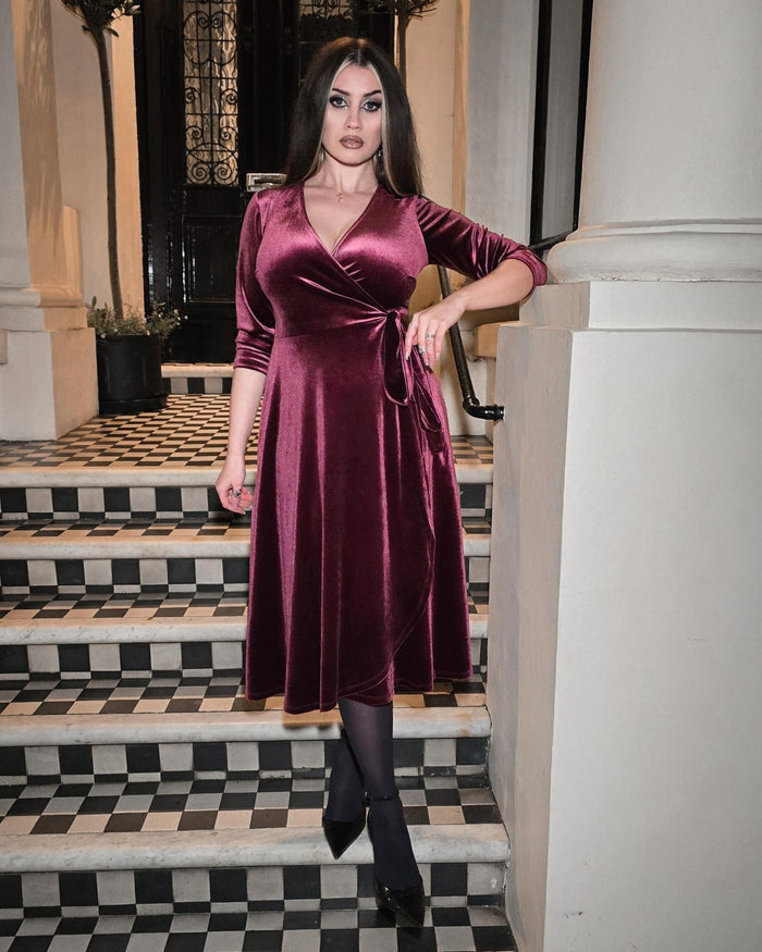 Velvet Wrap Dress - Cherry