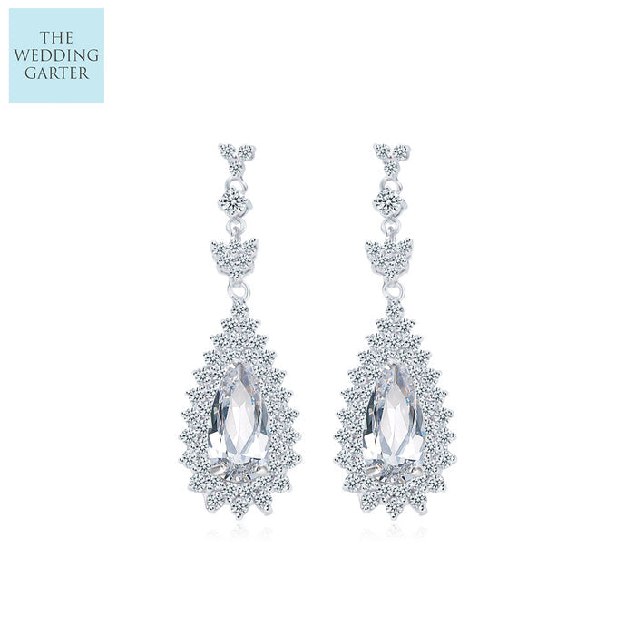 Vintage Style Long Drop CZ Diamond Bridal Earrings - The Wedding Garter