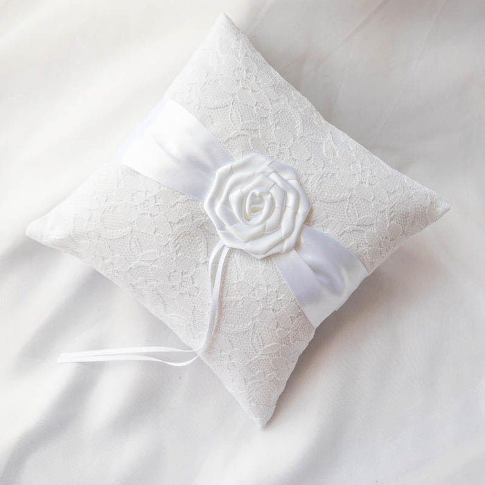 White Lace & Satin Rose Ring Bearer Pillow - The Wedding Garter
