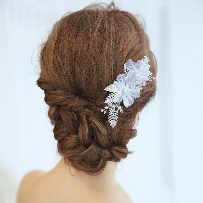 White Organza Floral Crystal Hair Comb - The Wedding Garter