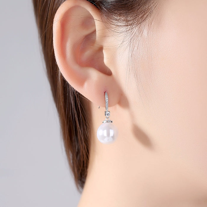 White Pearl Bridal Earrings With Hook Back - The Wedding Garter
