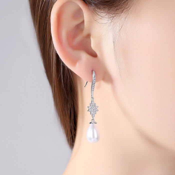 White Pearl & CZ Diamond Hook Back Wedding Earrings - The Wedding Garter
