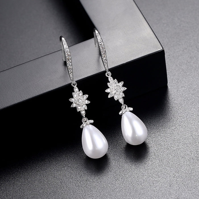White Pearl & CZ Diamond Hook Back Wedding Earrings - The Wedding Garter