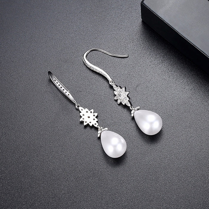 White Pearl & CZ Diamond Hook Back Wedding Earrings - The Wedding Garter