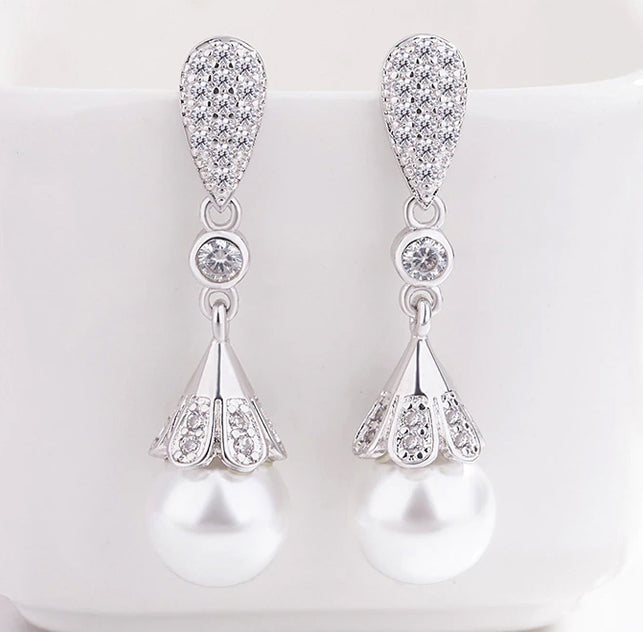 White Pearl & CZ Dropper Bridal Earrings - The Wedding Garter