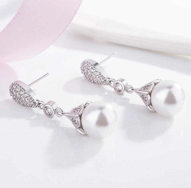 White Pearl & CZ Dropper Bridal Earrings - The Wedding Garter