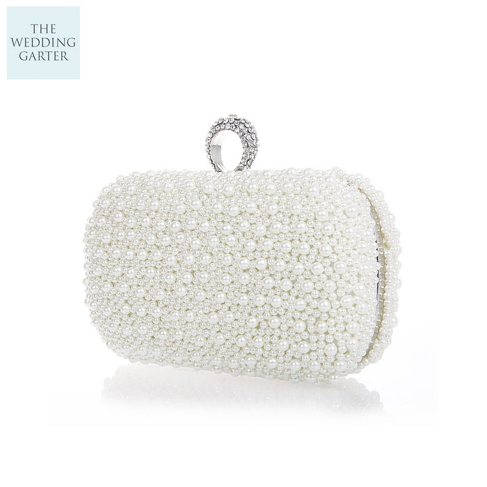 White Pearl & Rhinestone Beaded Evening Handbag - The Wedding Garter