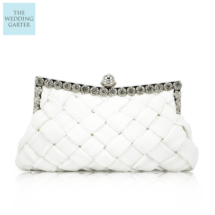 White Satin Basket Weave Vinatge Bridal Clutch - The Wedding Garter