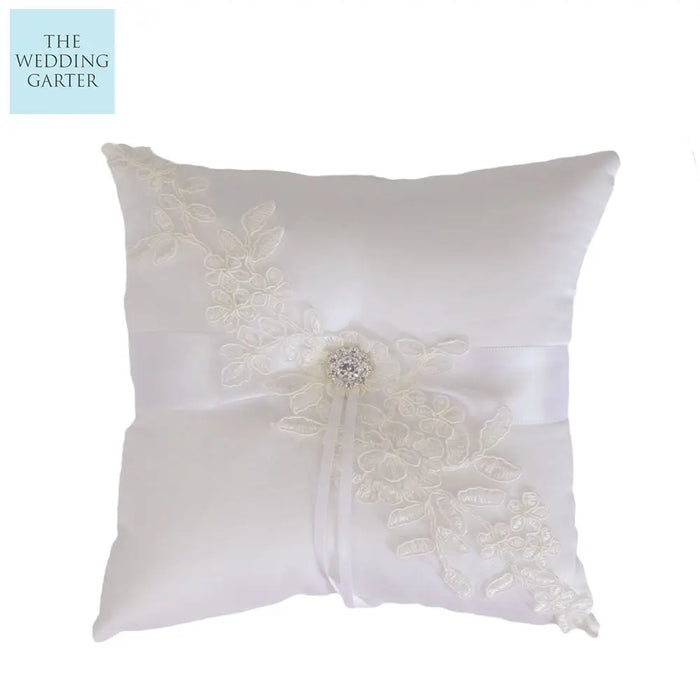 White Satin & Ivory Lace Ring Pillow - The Wedding Garter