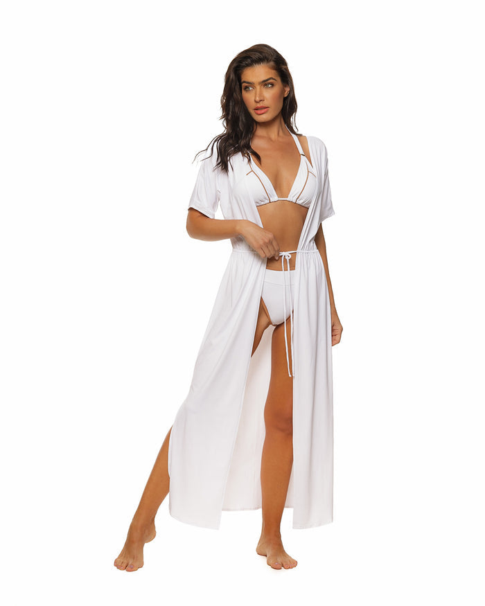 White Tie Front Long Kimono Cover-up