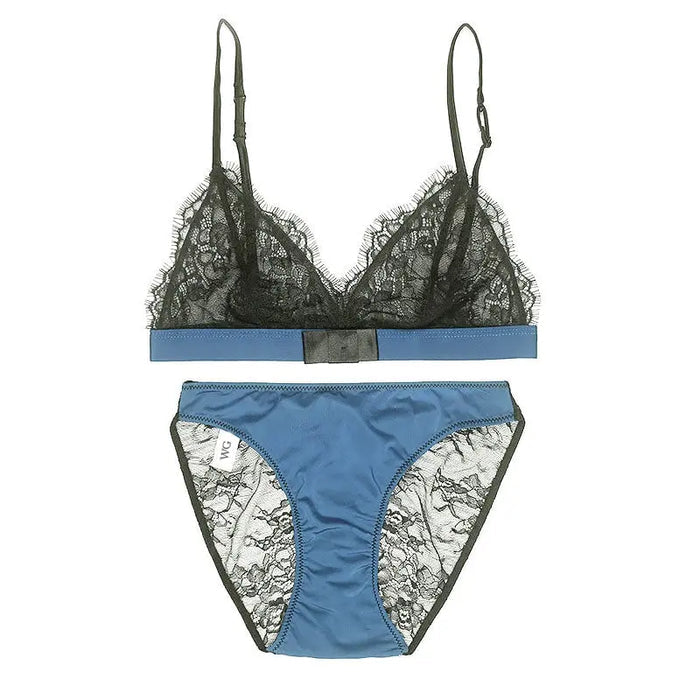 Wire Free Sexy Black & Blue Eyelash Lace Tri Bra Set - The Wedding Garter