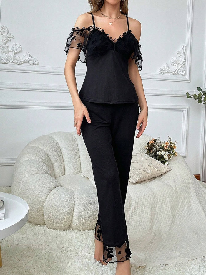 Women Plush Mesh Cami Top And Pants Pajama Set