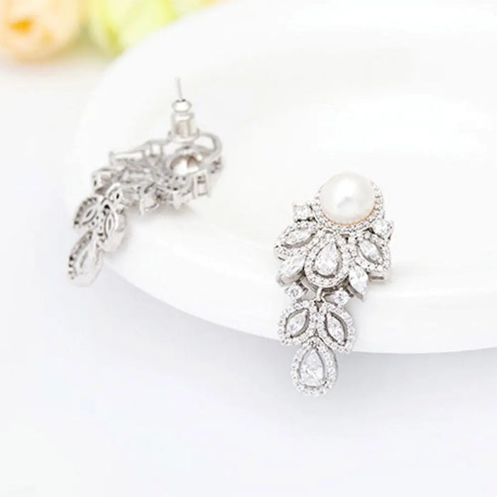 Womens Pearl & Cubic Zirconia Diamond Drop Bridal Earrings - The Wedding Garter