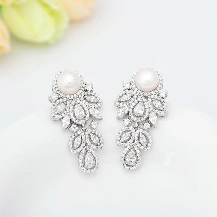 Womens Pearl & Cubic Zirconia Diamond Drop Bridal Earrings - The Wedding Garter