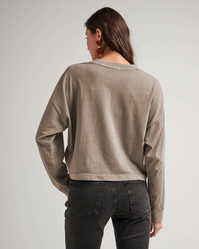 Womens Relaxed Crop Long Sleeve Tee - Pigment Dye Jersey - Warm Grey