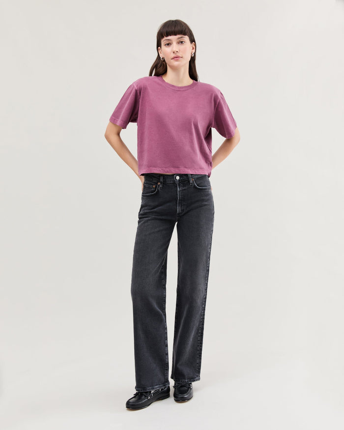 Womens Relaxed Crop Tee - Pigment Dye Jersey - Burgundy
