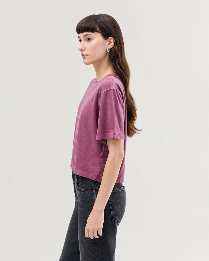 Womens Relaxed Crop Tee - Pigment Dye Jersey - Burgundy