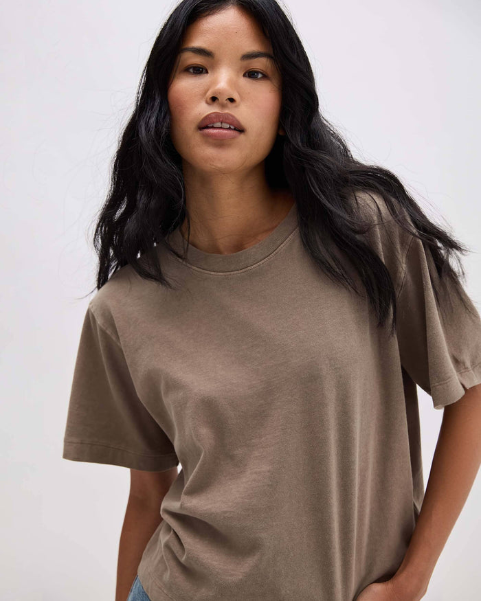 Womens Relaxed Crop Tee - Pigment Dye Jersey - Warm Grey