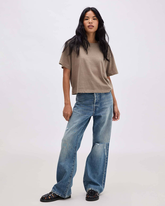 Womens Relaxed Crop Tee - Pigment Dye Jersey - Warm Grey