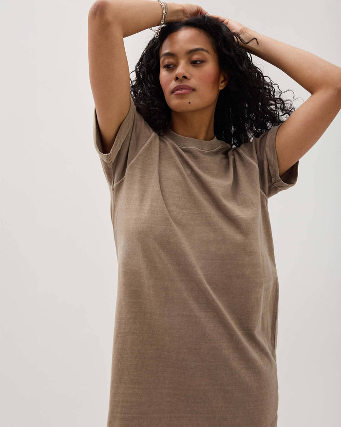 Womens Relaxed Tee Maxi Dress - Pigment Dye Jersey - Warm Grey