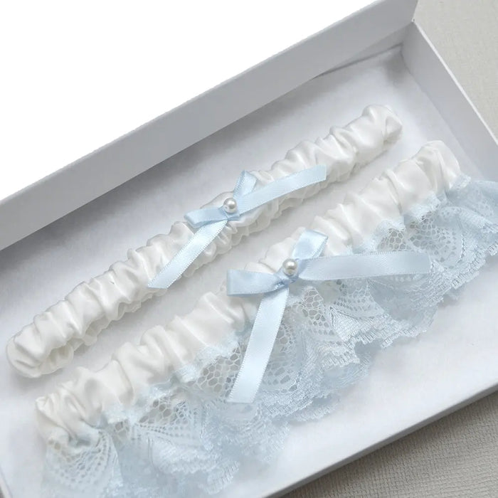 Yasmin White & Blue Vintage Wedding Garter Set - The Wedding Garter