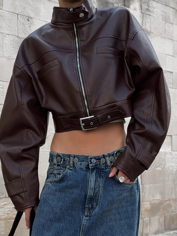 Zipper PU Trench Collar Buttons Jackets